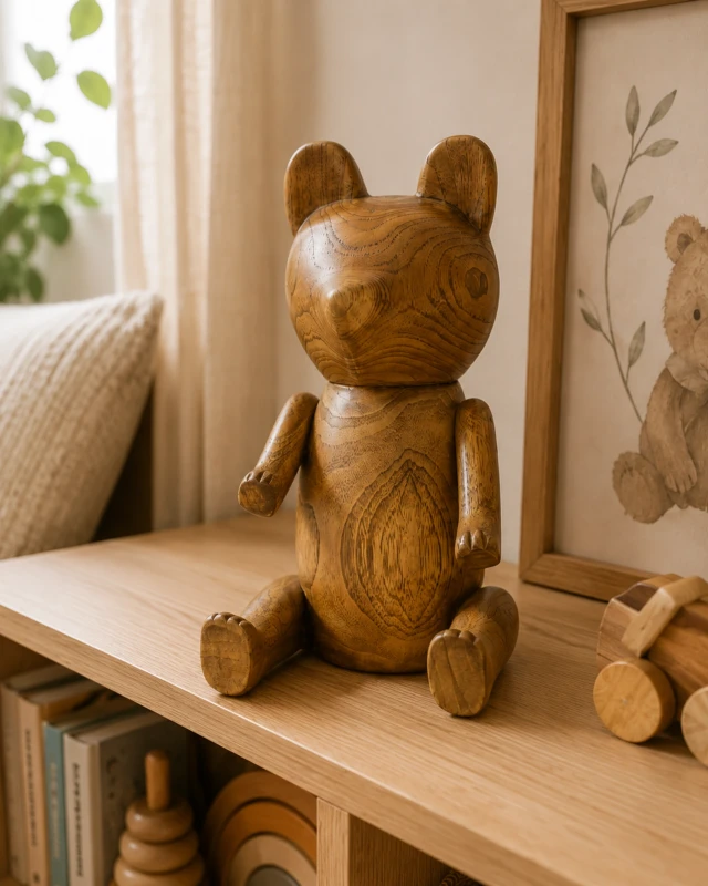 Dekoracyjna figurka misia z drewna naturalnego.webp
