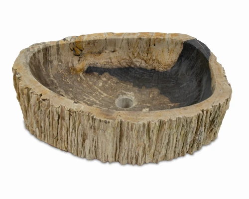 Umywalka nablatowa ze skamieniałego drewna z ciemnym wnętrzem – 57 × 38 cm