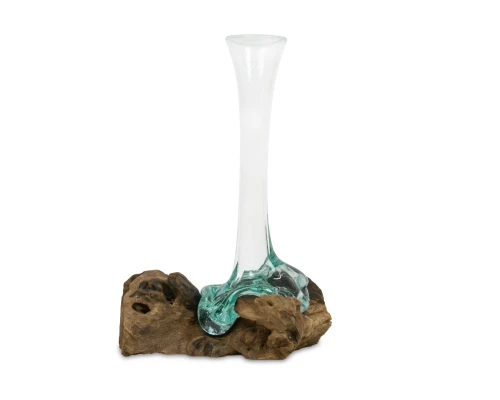 Wazon szklany na korzeniu tekowym – smukły 32 cm