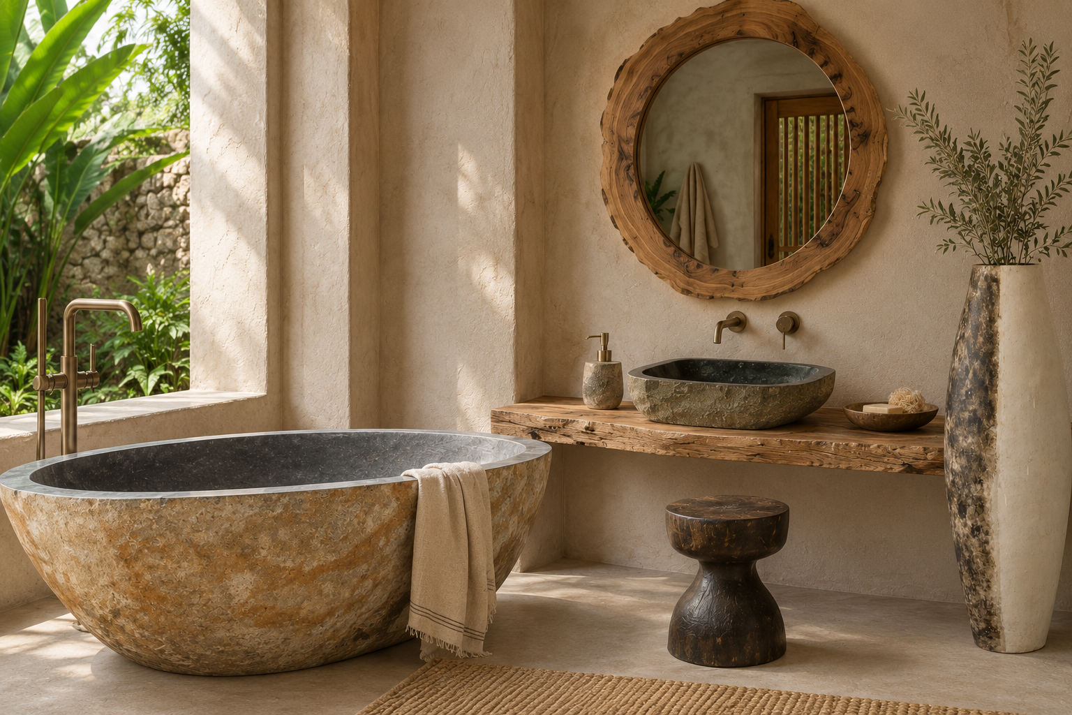 Naturalna łazienka spa inspirowana stylem Bali z drewnianym wyposażeniem i kamiennymi elementami
