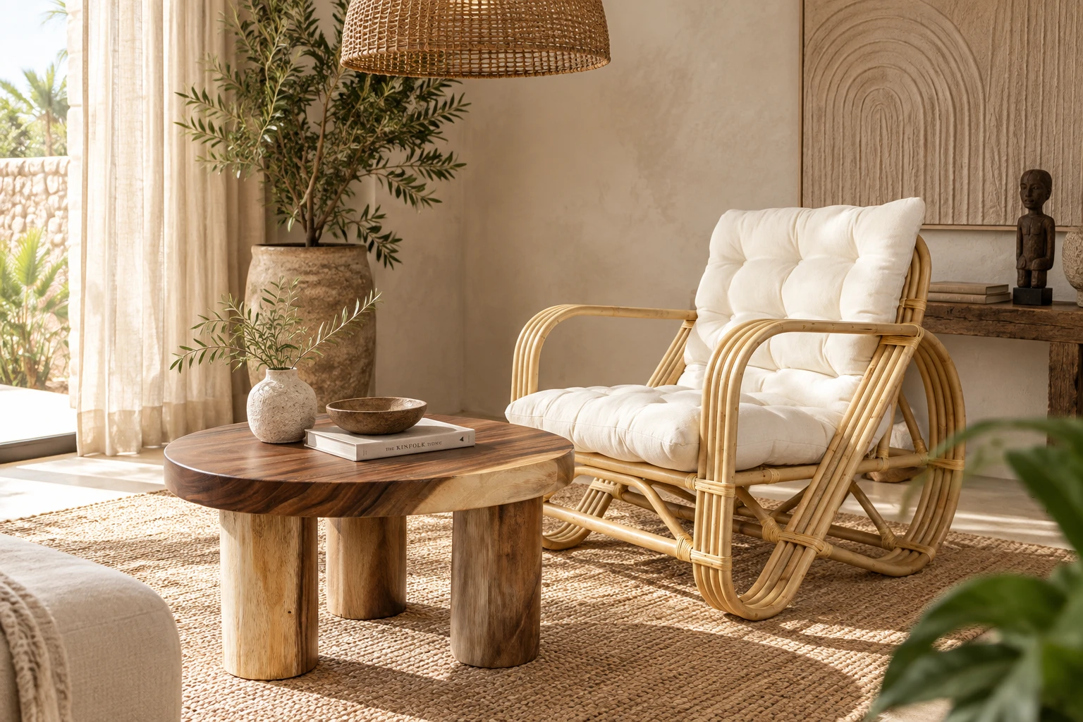 Meble boho z naturalnego rattanu i drewna w aranżacji wnętrza
